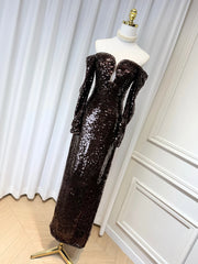 Brown Sequin Slash-Neck Sleeveless Maxi Dress