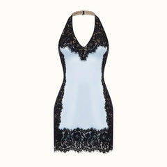 Lace Paneled Halter V-Neck Mini Dress
