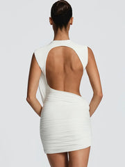 Draped Mock Neck Open Back Mini Dress