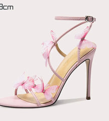 Pink Floral Butterfly-Knot Heels | Summer Strappy Stiletto Sandals