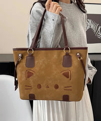 Cute Cat Face Suede Shoulder Tote Bag