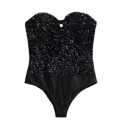 Black strapless swimsuit with sequin top on a white background