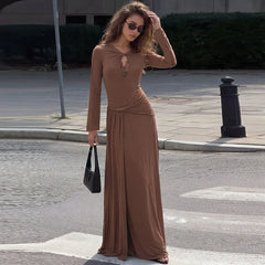 Brown long sleeve cutout maxi dress with handbag