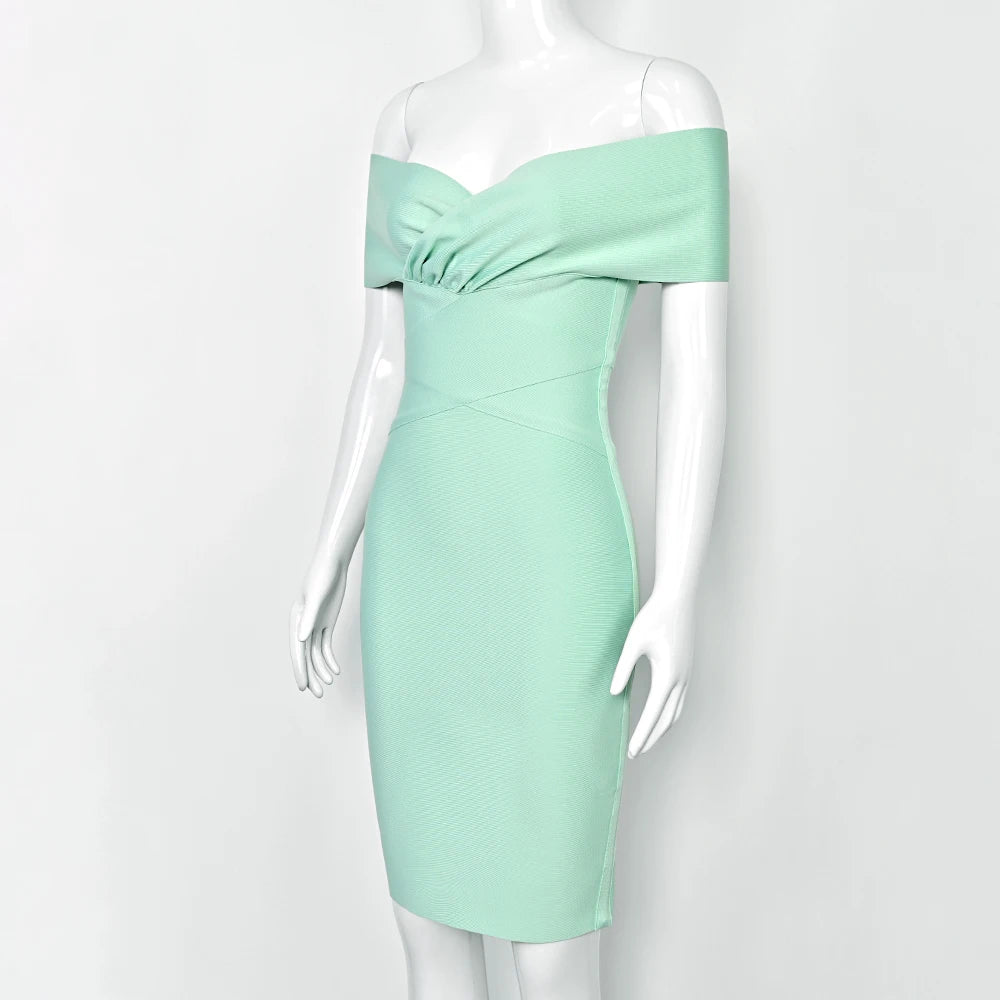 Mint green off-shoulder dress on a mannequin against a white background