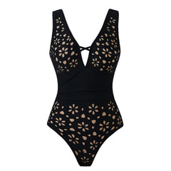 Scallop Neckline One-Piece Swimsuit with Eyelet Midi Skirt Set