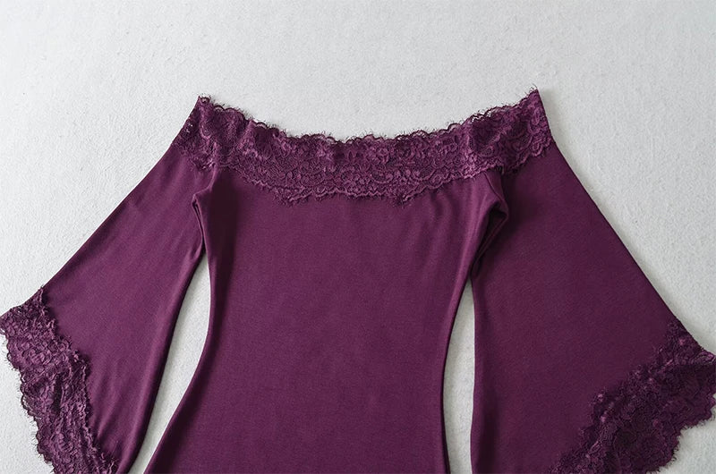 Purple off-shoulder bell sleeve lace trim mini dress