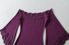 Purple off-shoulder bell sleeve lace trim mini dress