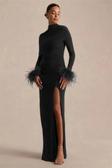 Draped Feather Cuff Maxi Dress