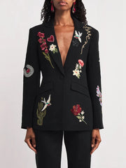 Detailed view of bead embroidery on a black blazer lapel