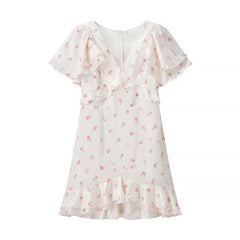 Floral Ruffled V-Neck Short Sleeve A-Line Mini Dress