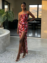 Floral print strapless maxi dress with side split