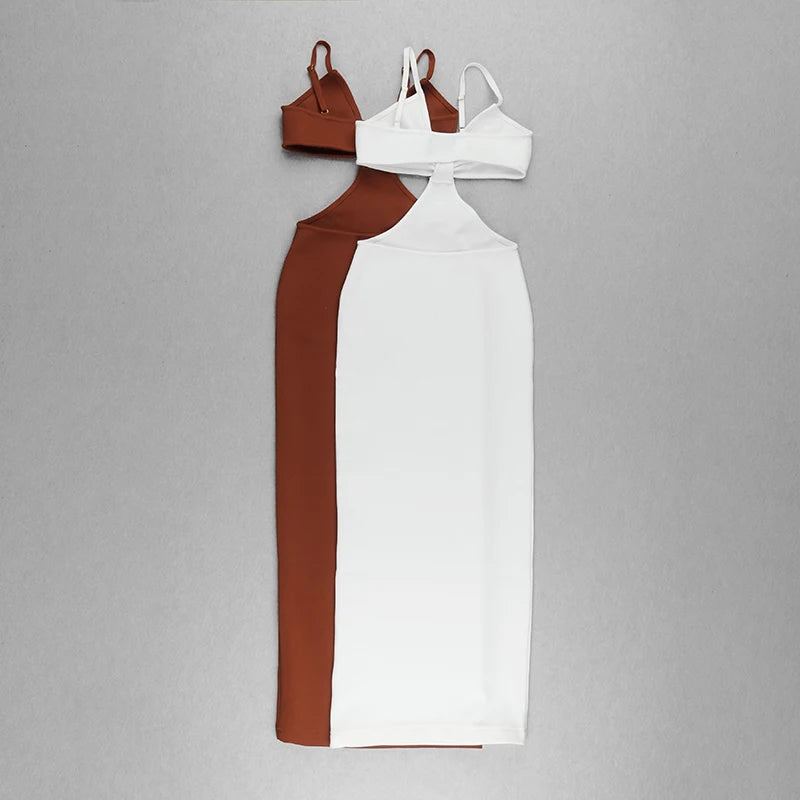 Brown and white dress with matching bralette on a gray background