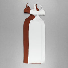 Brown and white dress with matching bralette on a gray background