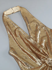 Gold Sequin Sleeveless V Neck Wide Leg Jumpsuit