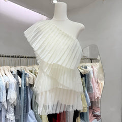 White One-Shoulder Pleated Ruffle Mesh Top