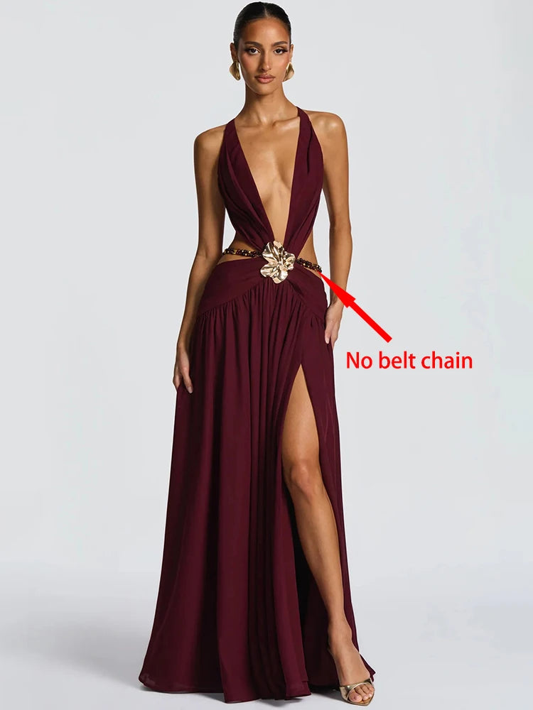 Burgundy evening gown with a high slit on a white background, no belt chain visible.