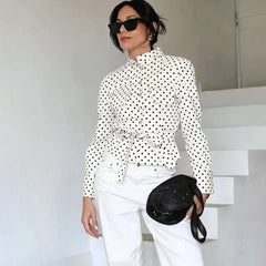 Polka dot button-up shirt with tie detail