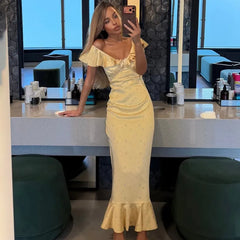 Yellow Floral Ruffle Off-Shoulder Midi Dress