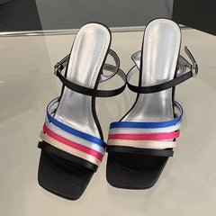 Black multi-strap stiletto heel sandal with colorful straps