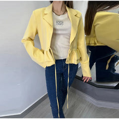 Ruffled Hem Lace-Up Crop Blazer
