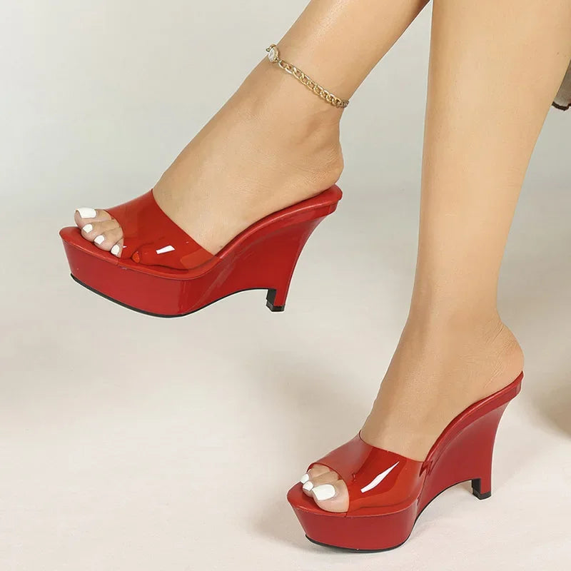 Red transparent platform wedge heels