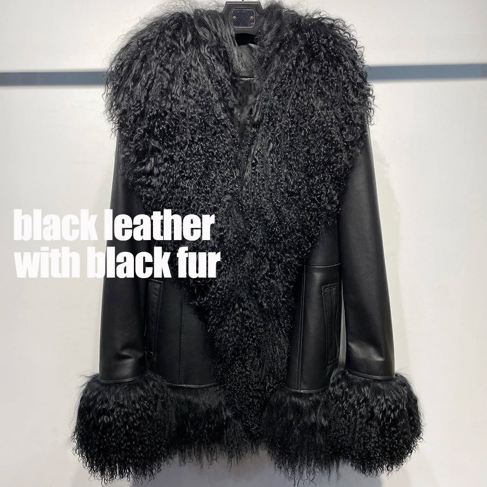 Black leather jacket with black fur trim