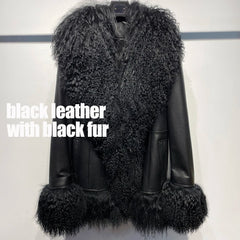 Black leather jacket with black fur trim