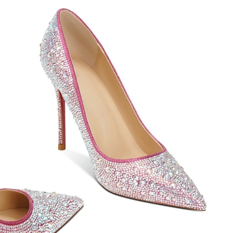 Pink high-heeled shoes with crystal embellishments