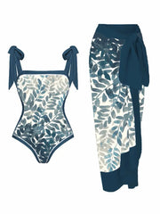 Floral Print Tie-Strap Bikini and Sarong Set