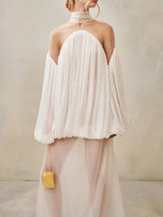Back view of white gathered off-shoulder balloon sleeve top