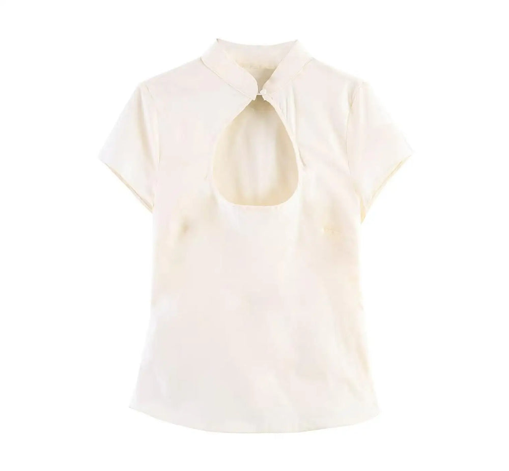 Ivory cut-out stand collar blouse, front view