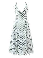 White Polka Dot V-Neck A-Line Midi Dress