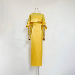 Cape Overlay Satin Strapless Maxi Dress
