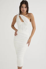 Slim asymmetric midi dress shown with a pleated body