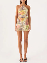 Halter ruched print mini dress full body view