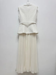White Bow Pocket Tweed Chiffon Long Dress