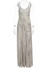 Leopard Print Mesh Bodysuit Maxi Slip Dress