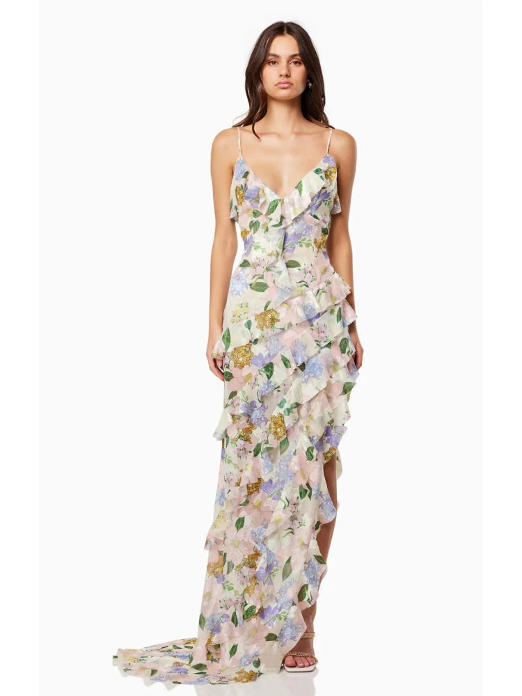 Woman wearing a floral dress on a white background