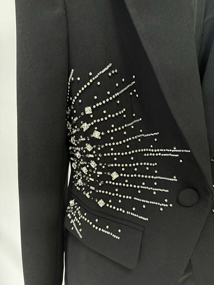 Close-up of intricate beadwork on a black blazer pocket