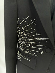 Close-up of intricate beadwork on a black blazer pocket
