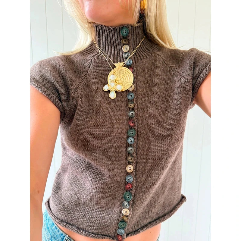 Brown knit turtleneck crop top with decorative buttons