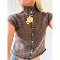 Brown knit turtleneck crop top with decorative buttons