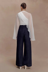 Asymmetrical Draped Cape Sleeve Blouse with Sheer Overlay