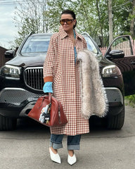 Red Gingham Lapel Long Trench Coat