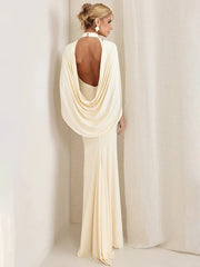 Mock Neck Cape Draped Open Back Maxi Dress