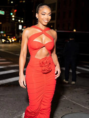 Red Cut-Out Bodycon Midi Dress with Ruched Flower Detail