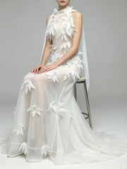 White Halter-Neck Sheer Floral Applique Maxi Gown