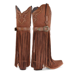 Denim Fringe Chunky Heel Boots