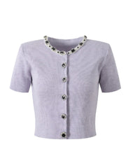 Short-sleeve cardigan with decorative buttons and neckline on a white background