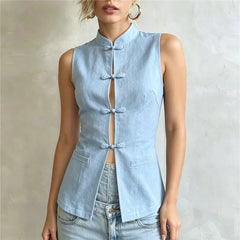 Light blue mandarin collar frog button vest with jeans